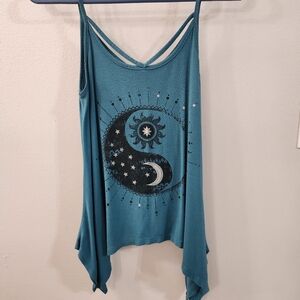 Teal Small/Medium Asymmetrical Sun Yin Yang Tank Top Blouse Flowy High Low